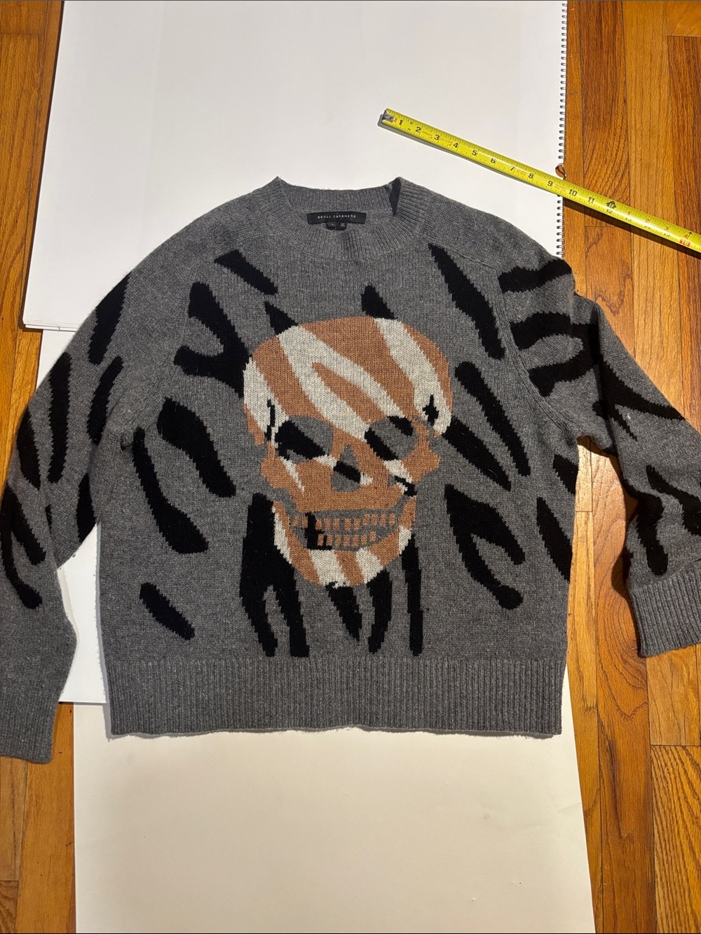 Skull Cashmere Gray Crewneck Sweater with Black & Tan Skull Motif